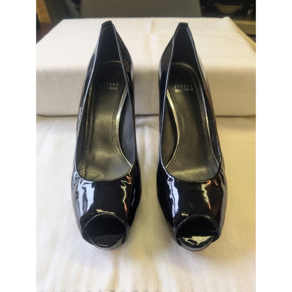 Stuart Weitzman 10 Black Patent Leather Peep Toe Stiletto Platform Pumps Worn 1X